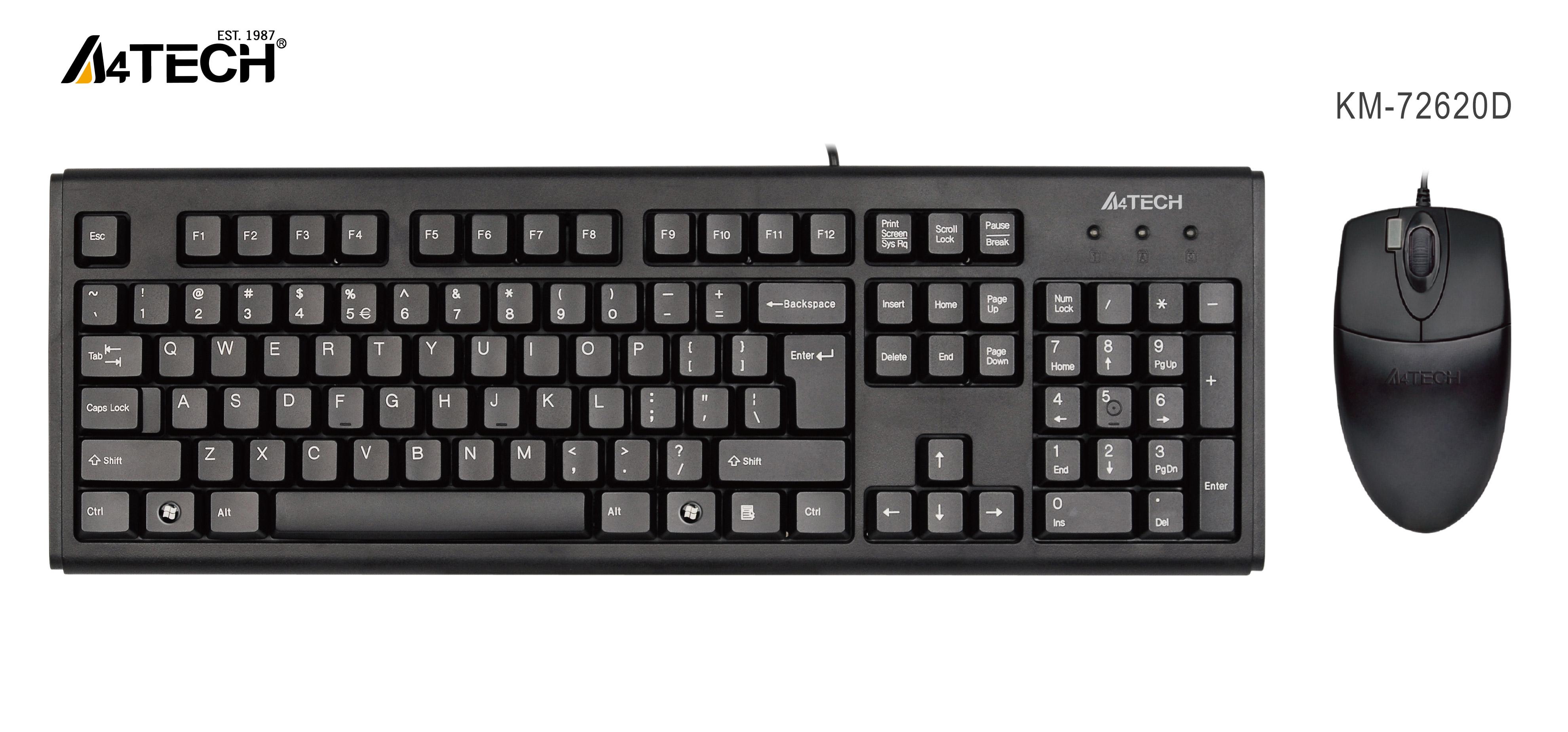 К-т клавиатура и мишка A4TECH KB-72620, с кабел, Черен A4-KEY-KB-72620-BL-USB